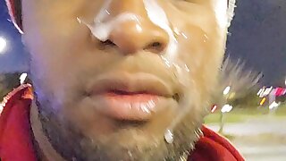 Getting my whore face cummed on in public, then going for a cum walk