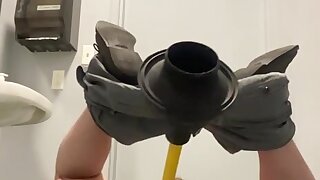 Pig faggot uses a plunger as a dildo