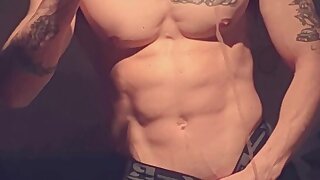 Muscular guy shows off huge uncut dick and cum and flexes body