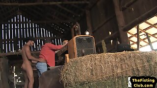 Sturdy top sucked off before fisting farmers asshole