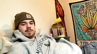 He was jerking off his uncut cock for a long time and shoots a big cum load all over his room