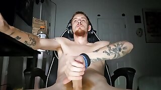 Horny bushy ginger white guy jerks one out and cums his load