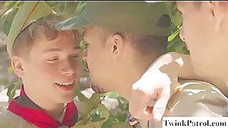 Twink scout tied up in tree and analed by two dick